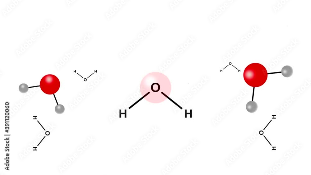 Animation with ball-and-stick model of a water molecule H2O (seamless ...