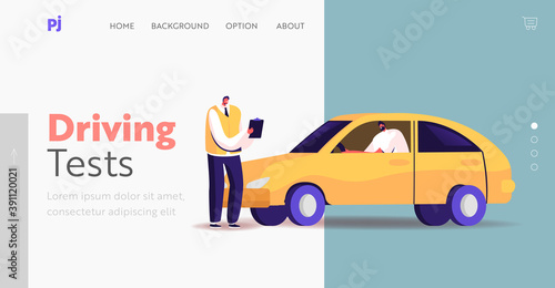 Male Character Pass Exam for Driver License Landing Page Template. Learner Driving Car with Tutor Writing in Clipboard