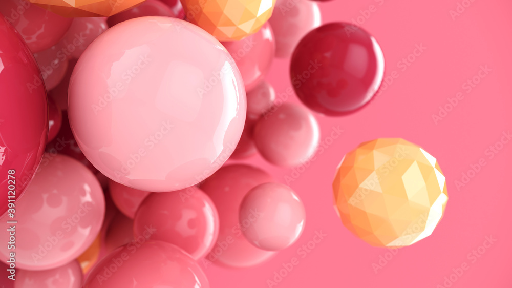 Abstract background with 3d spheres. Pastel pink bubbles. 3D illustration of balls. Colorful design concept. Banner or flyer background. Decoration elements for design