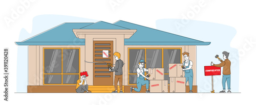 Bankruptcy, Property Confiscation, Finance Problem. Frustrated, Disappointed Female Character Crying front of Home Door