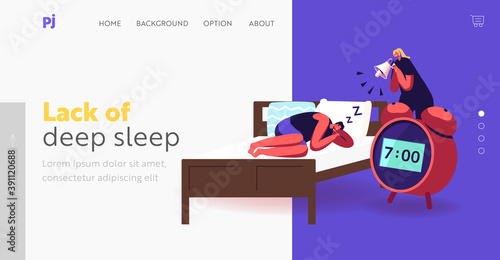 Deep Sleep, Dreaming or Nap Landing Page Template. Tiny Woman with Megaphone Wake Up Male Characters Sleeping