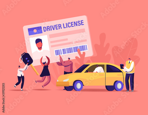 Characters Getting Driver License . Tiny Men and Women Studying in School with Instructor, Learning Drive Car, Pass Exam