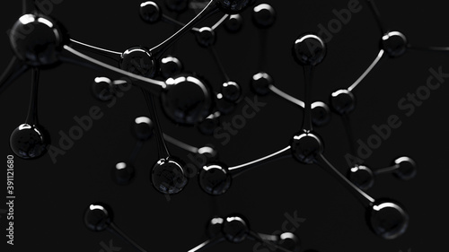 Abstract molecules design. Black atoms. Abstract background for chemistry science banner or flyer. Science or medical background. Black molecule 3d rendering illustration.