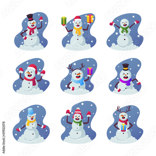Set Cartoon Snowmen, Funny Winter Characters Wear Warm Clothes Hats, Mittens and Scarf, Holding Presents and Gift Boxes