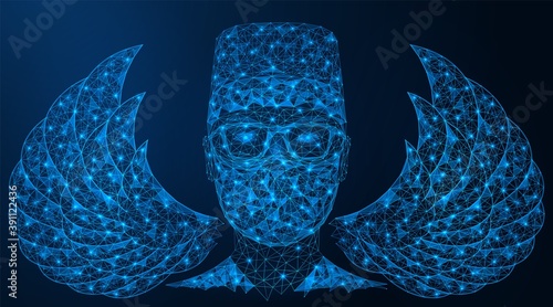 Doctor with angel wings. Hero during the fight against the epidemic. Low-poly construction of concatenated lines and dots. Blue background.