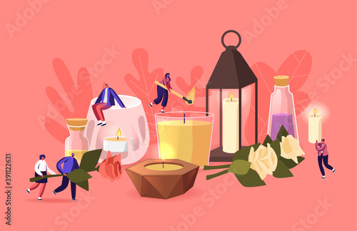 People Use Aroma Candles at Home Concept. Tiny Male and Female Characters with Various Huge Candles in Candlesticks
