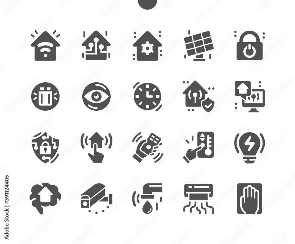 Smart house automation control system. Innovation technology internet network. Smart home controlled by smart phone app. Vector Solid Icons. Simple Pictogram Smart house automation control system. Innovation technology internet network. Smart home controlled by smart phone app. Vector Solid Icons. Simple Pictogram