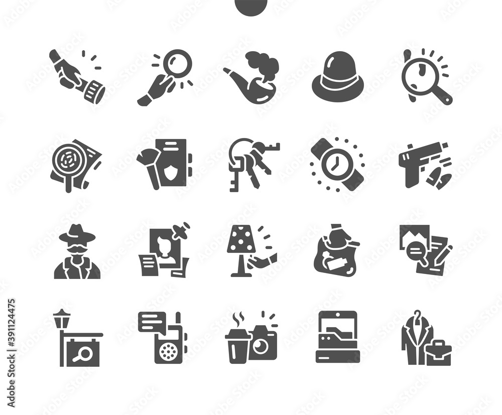 Private detective. Confidential documents, magnifying glass and hat. Secret documents investigation concept. Vector Solid Icons. Simple Pictogram