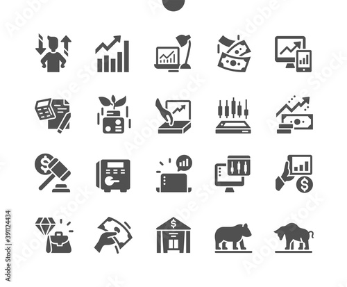 Bull market, investment chance. Investor. Stock market statistics. Business and financial concept. Vector Solid Icons. Simple Pictogram