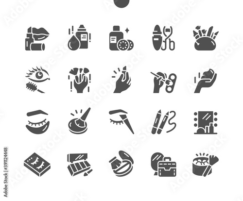 Decorative cosmetics and makeup brushes. Lipstick, mascara, eye patches, cream and powder. Beauty products. Vector Solid Icons. Simple Pictogram