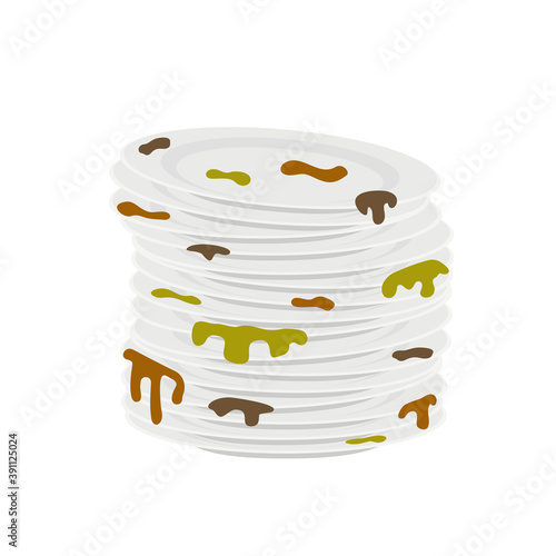 Stacks of dirty plates with scraps and leftover food isolated on white background. Vector illustration.