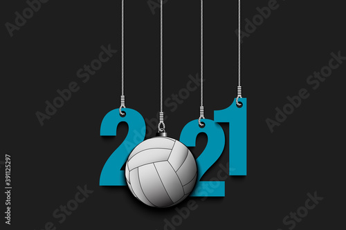 2021 New Year and volleyball ball as a Christmas decorations hanging on strings. 2021 hang on cords on an isolated background. Design pattern for greeting card. Vector illustration