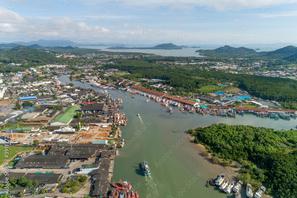Aerial view of Phuket Fishing port is the largest fishing port Located at koh siray Island Phuket Thailand.