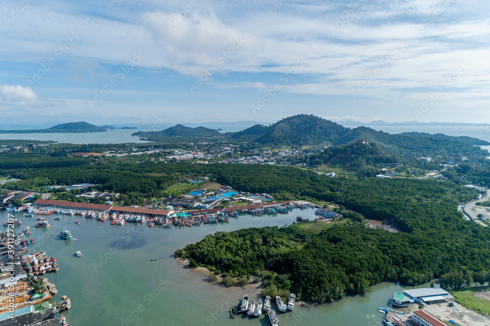 Aerial view of Phuket Fishing port is the largest fishing port Located at koh siray Island Phuket Thailand.