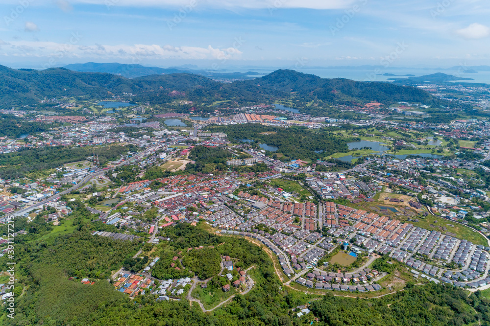 Panorama landscape kathu district Phuket Thailand from Drone camera High angle view.