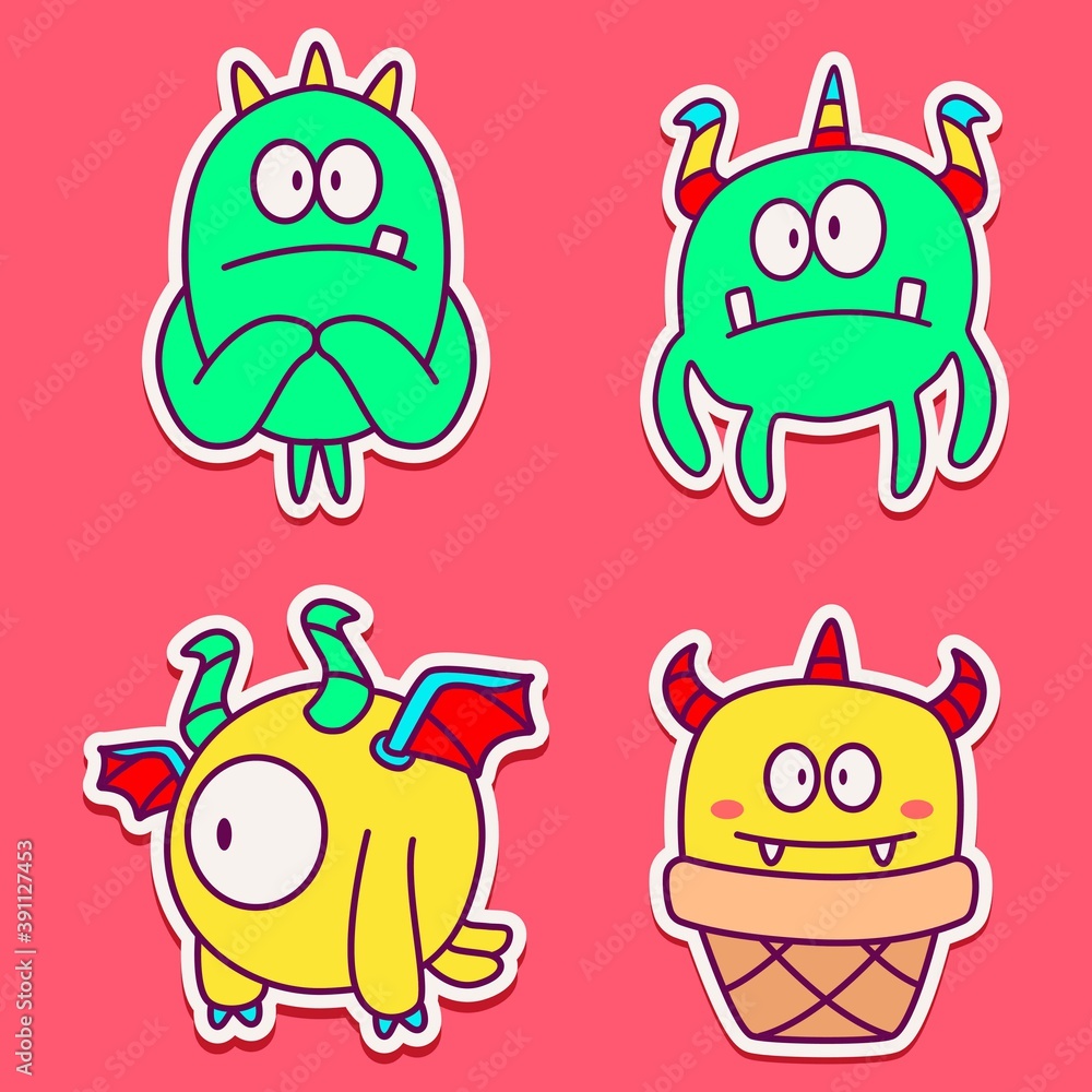 Obraz premium kawaii doodle cartoon monster designs for wallpaper, stickers, coloring books, pins, emblems, logos and more