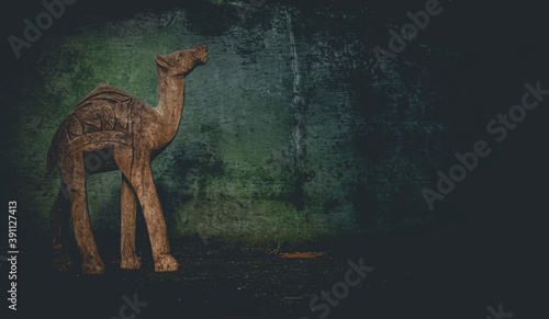 Silhouette of a camel on a wall and woode background. Background of annual rings. Camel for travelers.