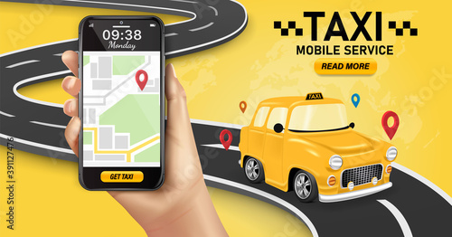 Taxi service. Online mobile application order taxi service illustration.Taxi services mobile app website. yellow cab illustration.Vector taxi mobile app icon Includes smartphone with yellow taxicab.