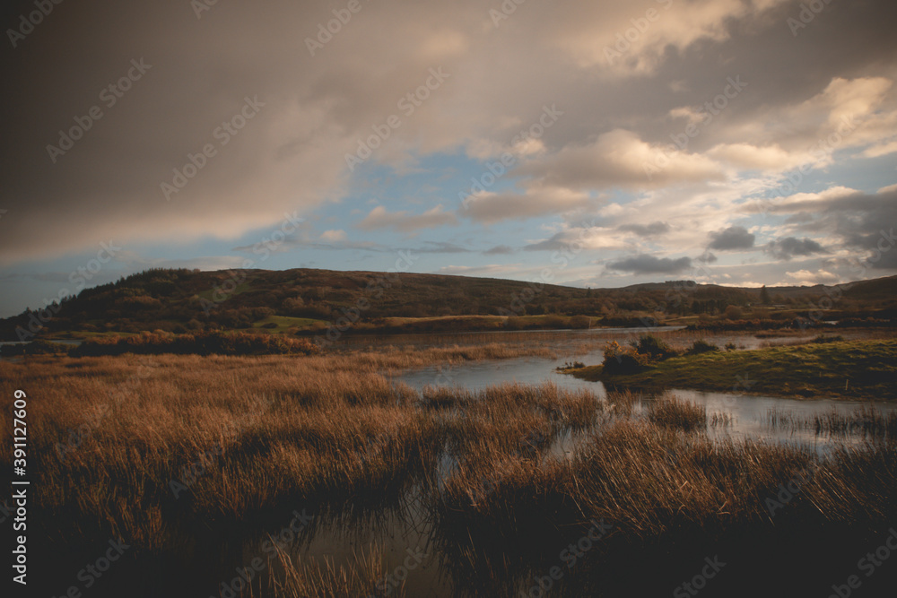 
Flooded Lough Allua lake at sunset. southwest ireland. A lake lying on the river Lee which flows into Cork.