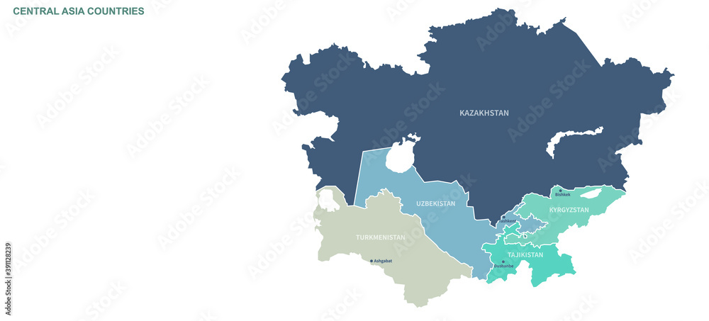 Central Asian Countries map. Detailed world Map Vector with Country,Capital,City Names.