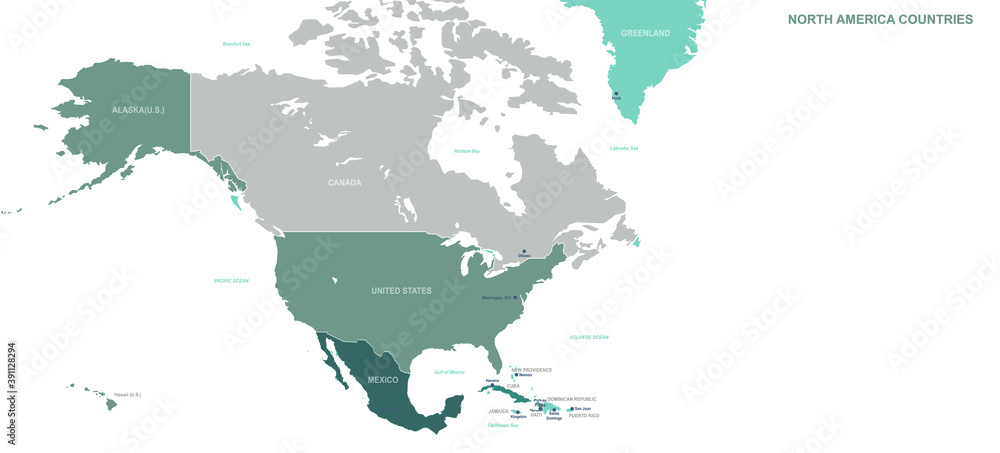 North American Countries map. Detailed world Map Vector with Country,Capital,City Names.
