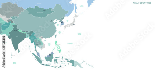 Asian Countries map. Detailed world Map Vector with Country,Capital,City Names.