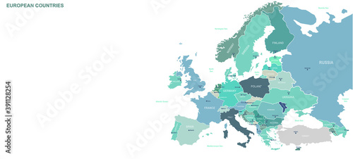 European Countries map. Detailed world Map Vector with Country,Capital,City Names.