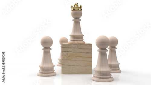 The wood chess and gold crown on wood cube for business content 3d rendering.