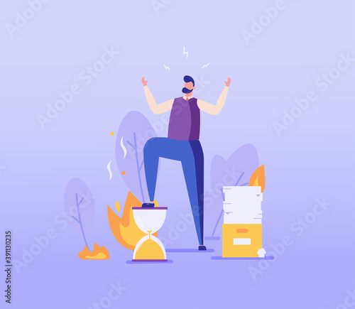 Man standing on hourglass, procrastination, employee in panic, exhausting, stressing. Concept of time managment, deadline, self discipline, correct timing. Vector illustration in flat design