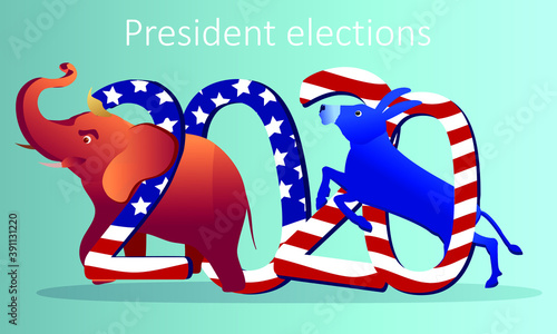 Donkey and elephant. United States of America 2020.  Presidential election. Democrats and Republicans