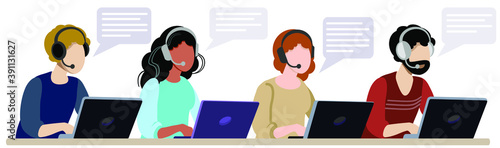 Call center. Man and woman in headphones with microphone at laptop. Customer support department staff, telemarketing agents. Vector illustration isolated.
