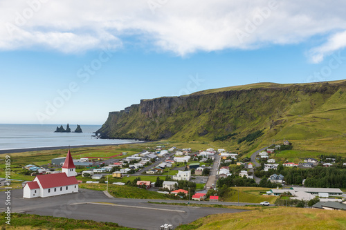 View over village and church of Vik in Iceland
