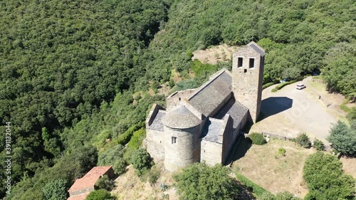 Panoramic view from drone of Serrabone Priory on foothills of Canigou, southern France photo