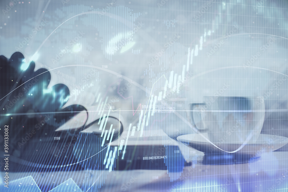Double exposure of financial chart drawing and desktop with coffee and items on table background. Concept of forex market trading Double exposure of financial chart drawing and desktop with coffee and items on table background. Concept of forex market trading