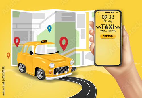 Taxi service. Online mobile application order taxi service illustration.Taxi services mobile app website. yellow cab illustration.Vector taxi mobile app icon Includes smartphone with yellow taxicab.