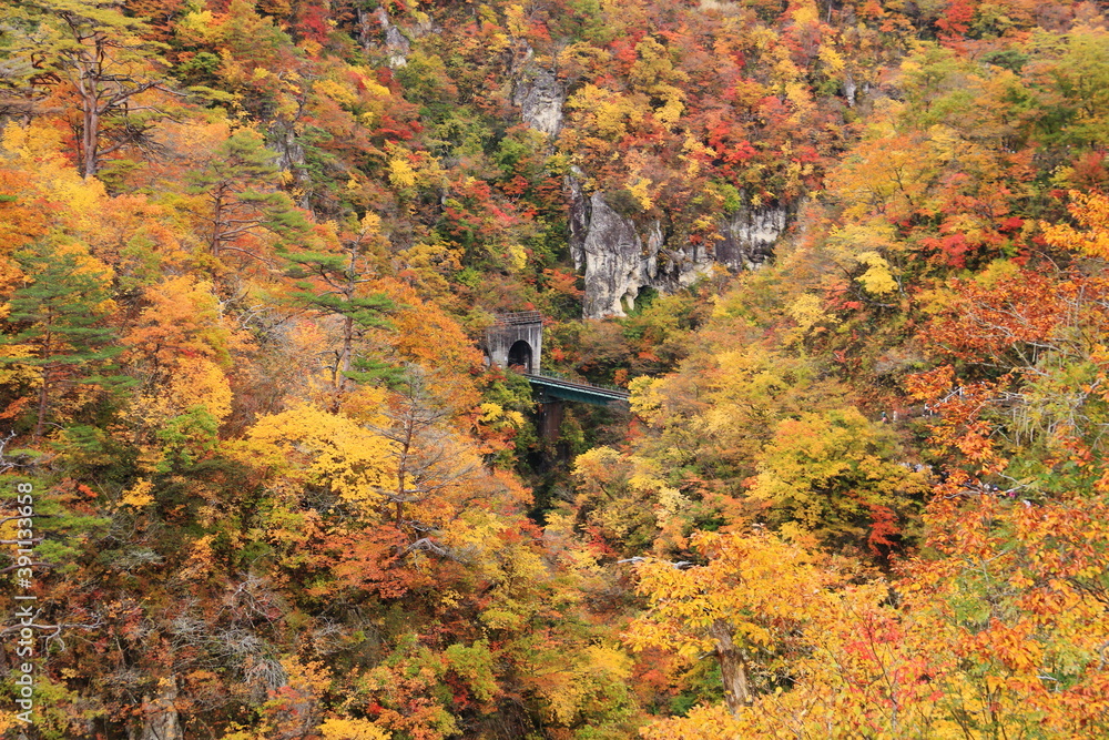 みちのく宮城の秋 鳴子峡の紅葉 JR陸羽東線の鉄橋 みちのく宮城の秋 鳴子峡の紅葉 JR陸羽東線の鉄橋
