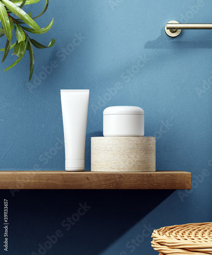 Cosmetic product display bathroom interior background. 3d illustration
