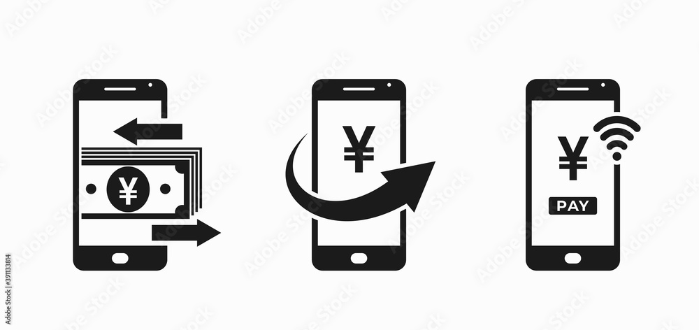 mobile phone payment icon set. smartphone and japanese yen sign. nfc payment and mobile money transfer symbols mobile phone payment icon set. smartphone and japanese yen sign. nfc payment and mobile money transfer symbols