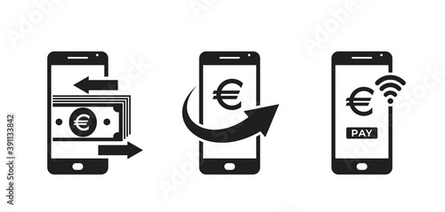 mobile phone payment icon set. smartphone and euro sign. nfc payment and mobile money transfer symbols