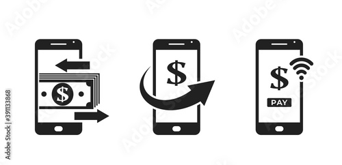 mobile phone payment icon set. smartphone and dollar sign. nfc payment and mobile money transfer symbols
