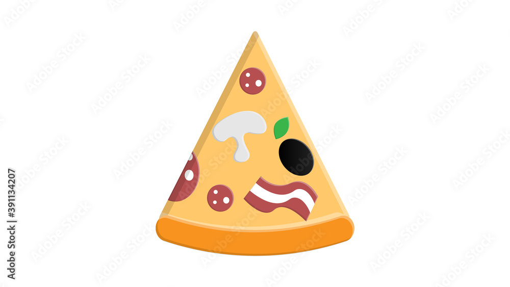 Triangle pizza slice with fresh vegetables and crispy crust. Tasty fast food. Flat vector element for cafe or pizzeria menu Triangle pizza slice with fresh vegetables and crispy crust. Tasty fast food. Flat vector element for cafe or pizzeria menu