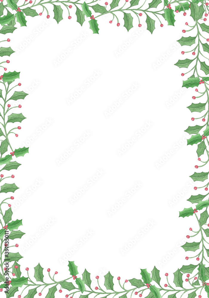 Christmas decorations with holly leaves, red berries and white snow. Vertical frame with copy space, Illustration for xmas and new year design Christmas decorations with holly leaves, red berries and white snow. Vertical frame with copy space, Illustration for xmas and new year design