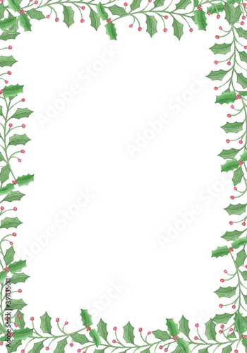 Christmas decorations with holly leaves, red berries and white snow. Vertical frame with copy space, Illustration for xmas and new year design