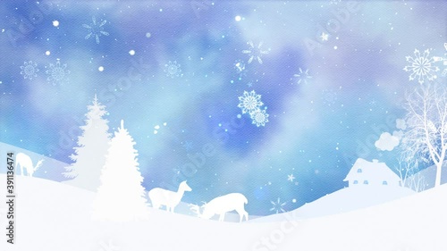 Wallpaper Mural Winter Landscape with Watercolor Sky 4K loop features a landscape with white silhouettes against an animated watercolor sky with animals and snow falling in a loop Torontodigital.ca