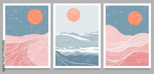 set of Mid century modern minimalist art print. Abstract mountain contemporary aesthetic backgrounds landscapes. vector illustrations