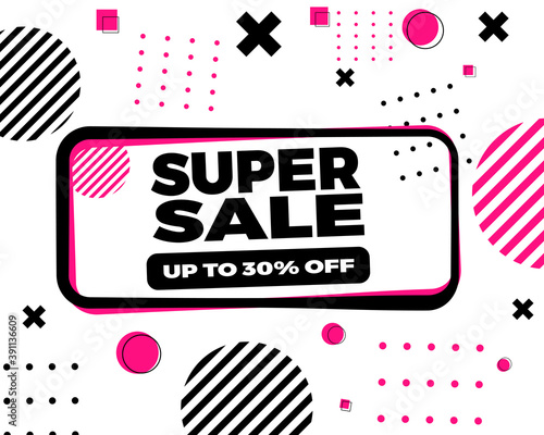 Super sale memphis poster. Up to 30 % off. White background super sale. Vector.