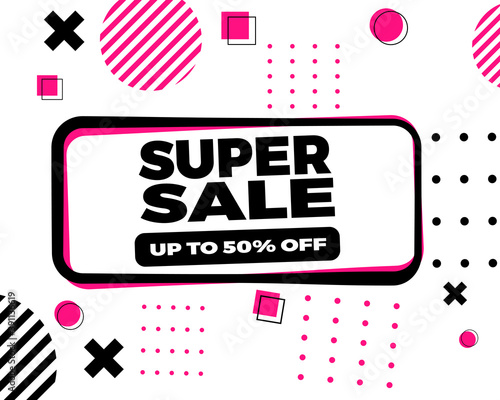 Super sale memphis poster. Up to 50 % off. White background super sale. Vector.