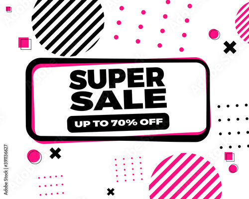 Super sale memphis poster. Up to 70 % off. White background super sale. Vector.
