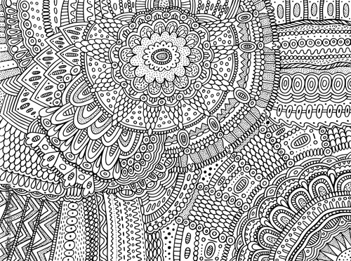 Floral ornament with flowers and leaves. Doodle shamanic coloring page for adults. Abstract trippy pattern. Psychedelic art. Vector artwork
