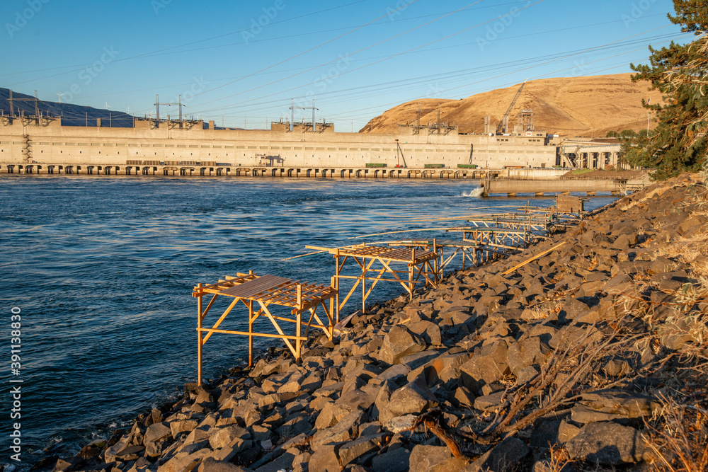 Salmon Fishing Platforms in front of John Day Dam along the Columbia River near The Dalles, Oregon Salmon Fishing Platforms in front of John Day Dam along the Columbia River near The Dalles, Oregon